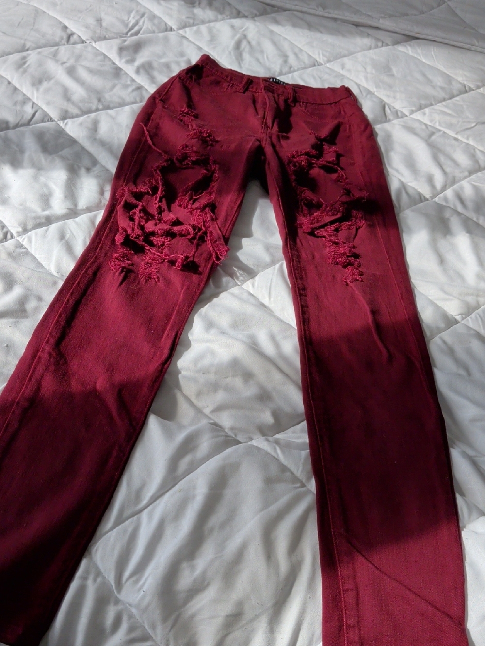 Fashion Nova Burgundy Distressed Skinny Jeans